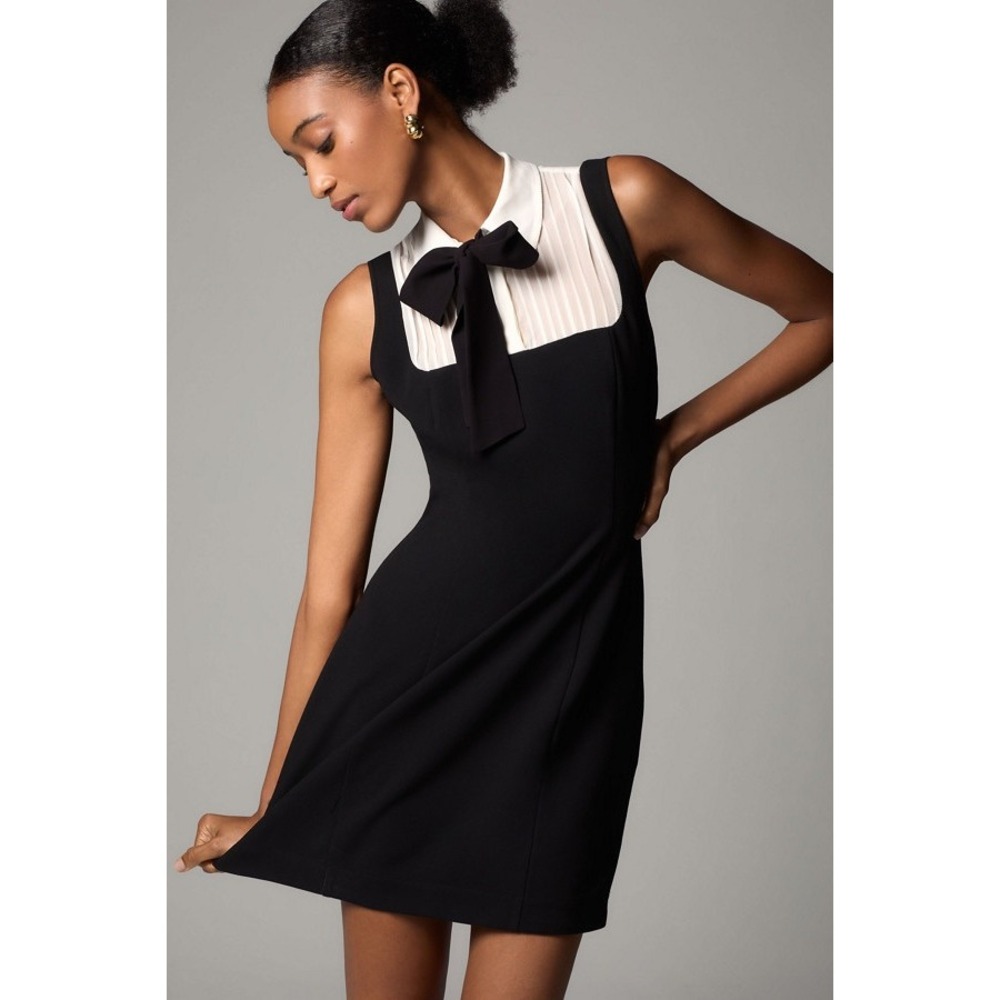 Maeve Anthropologie Black White Bow Tie Pleated Tuxedo Mini Dress Sz 10